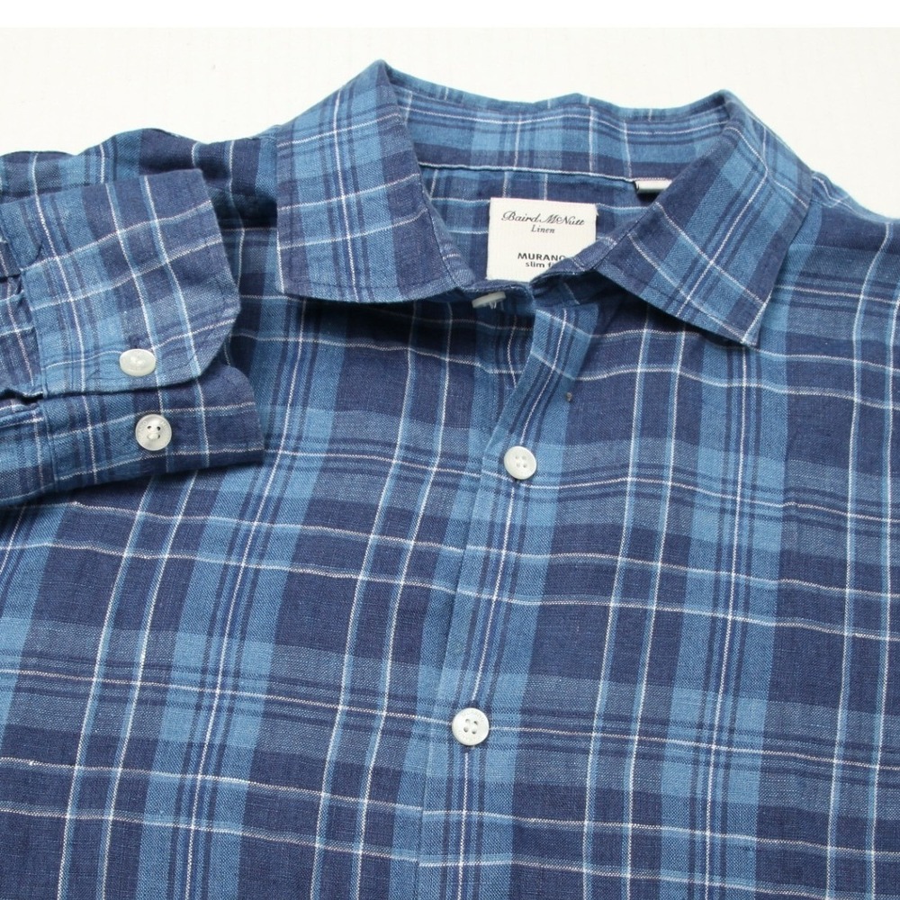 Murano Baird McNutt Linen Shirt Men Large Blue Plaid Slim Fit Long Sleeve Button